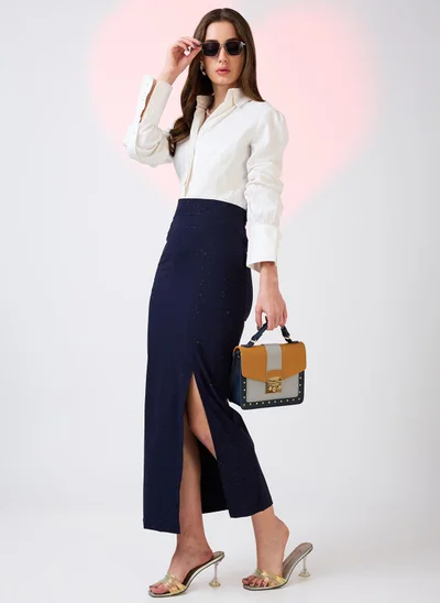 globus Globus Women High Rise Side Slit Bling Effect Maxi Pencil Party Skirt